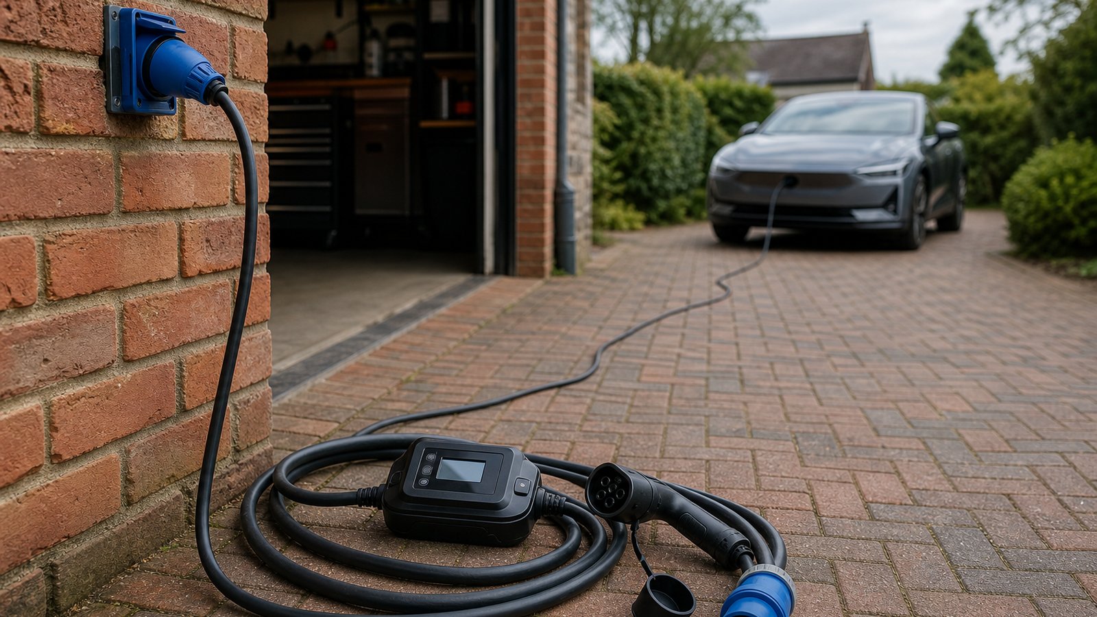 Lifestyle product scene for m portable ev charger uk deep driveway